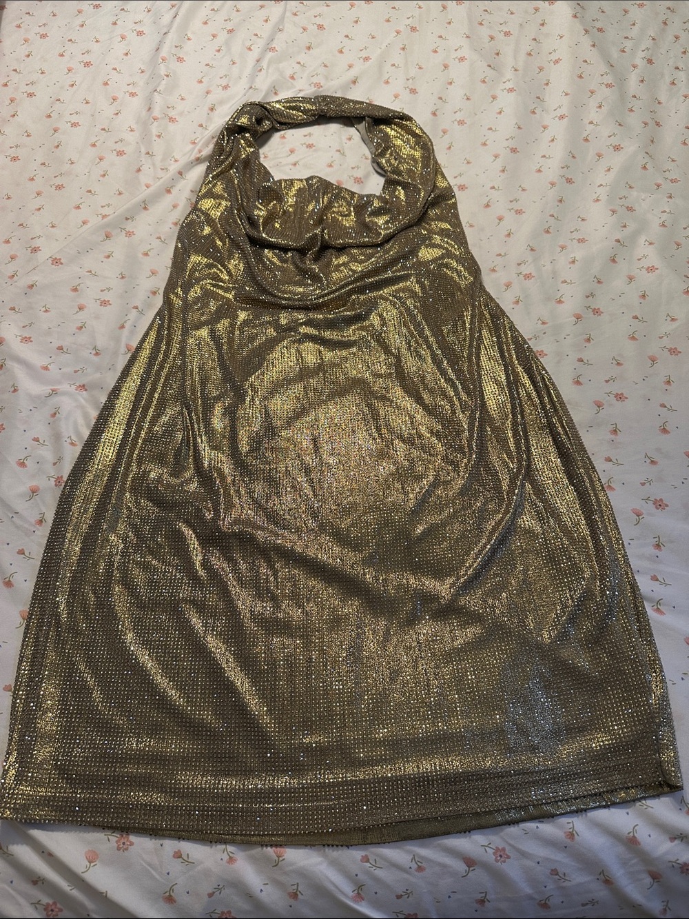 AKIRA Metallic Gold Backless Halter Mini Dress